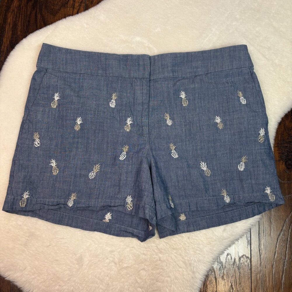 LOFT Chino Shorts 12 Blue Embroidered Pineapples Riviera Cotton Mid-Rise Women's